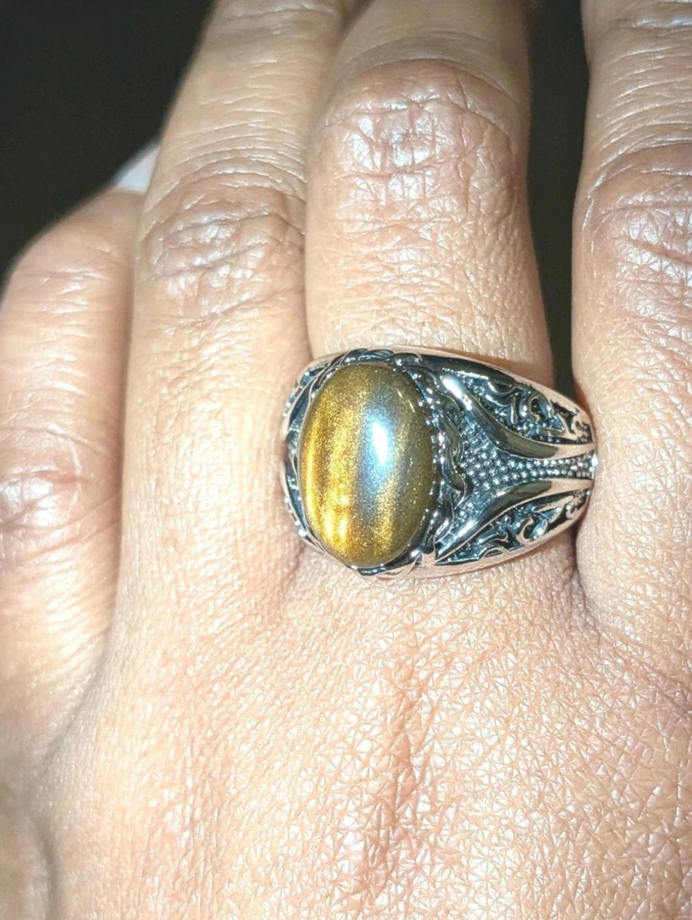 Men Oval Tiger Eye Gemstone Silver Plated Ring , Brown Veined Stone Ring Sz 10